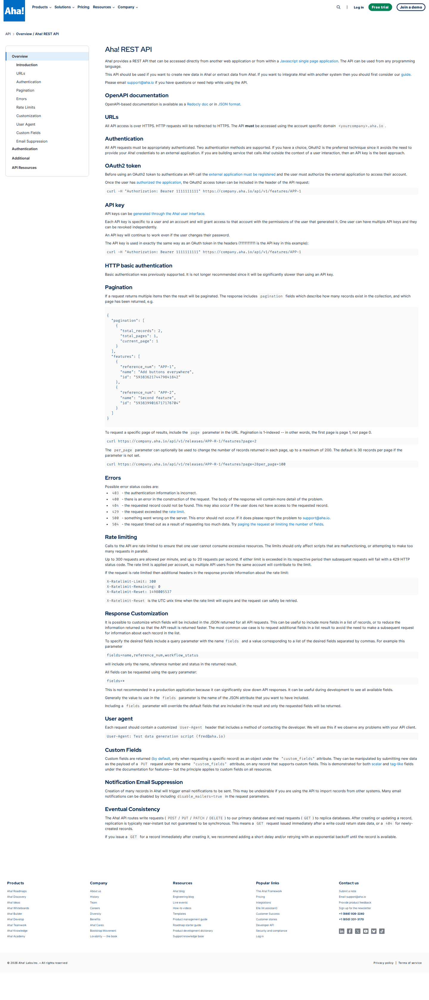 Aha! developer page