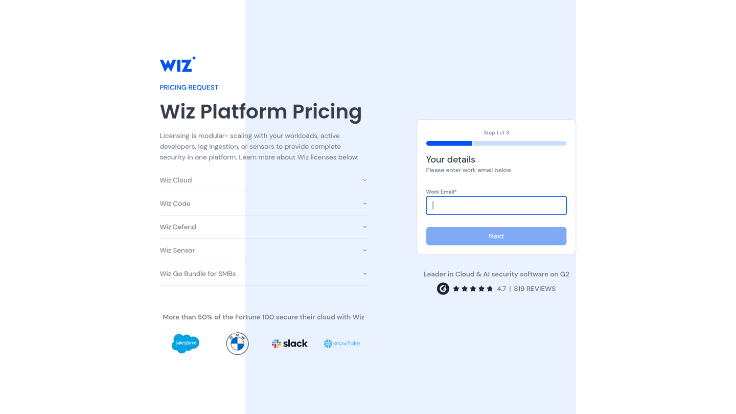 Wiz pricing page