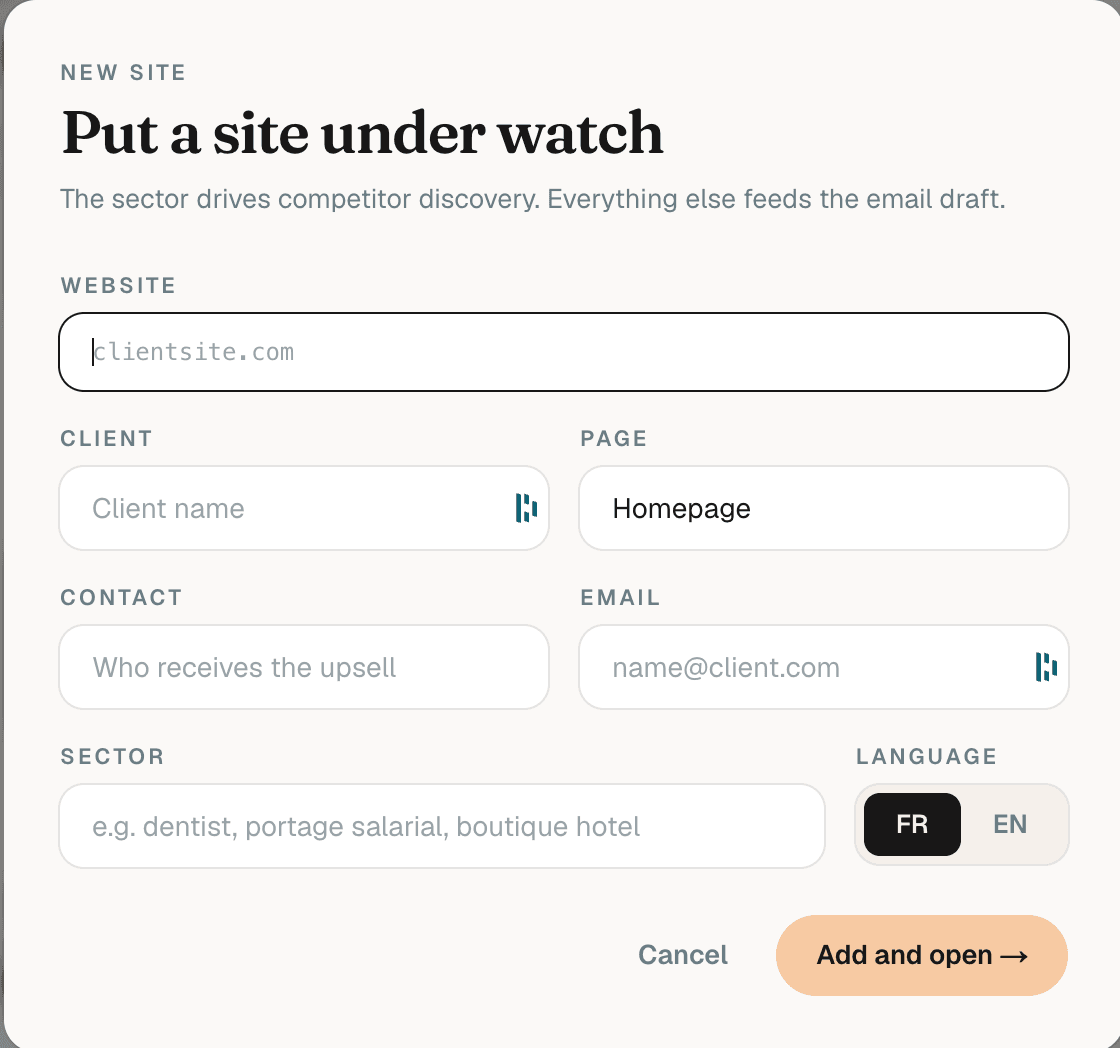 The form that adds a client site: website, client name, contact, sector and language.