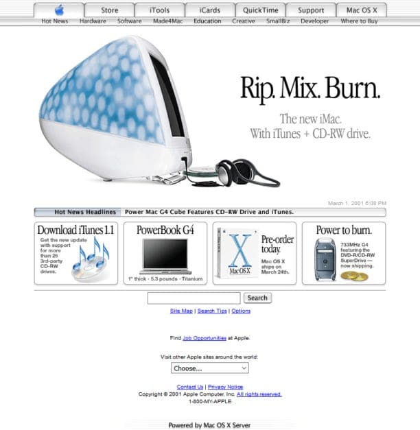 Apple's website in the 1990s, a static page of text and links