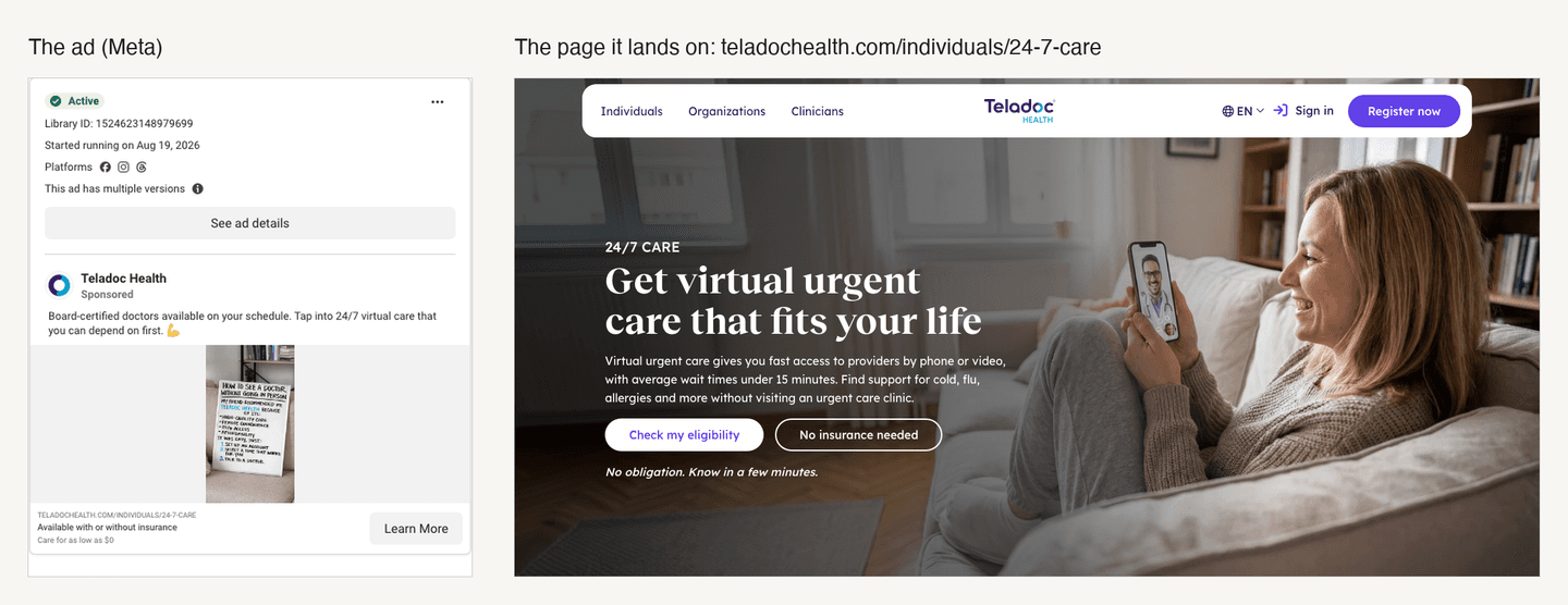 Une annonce et sa landing page utilisent le même message et les mêmes preuves