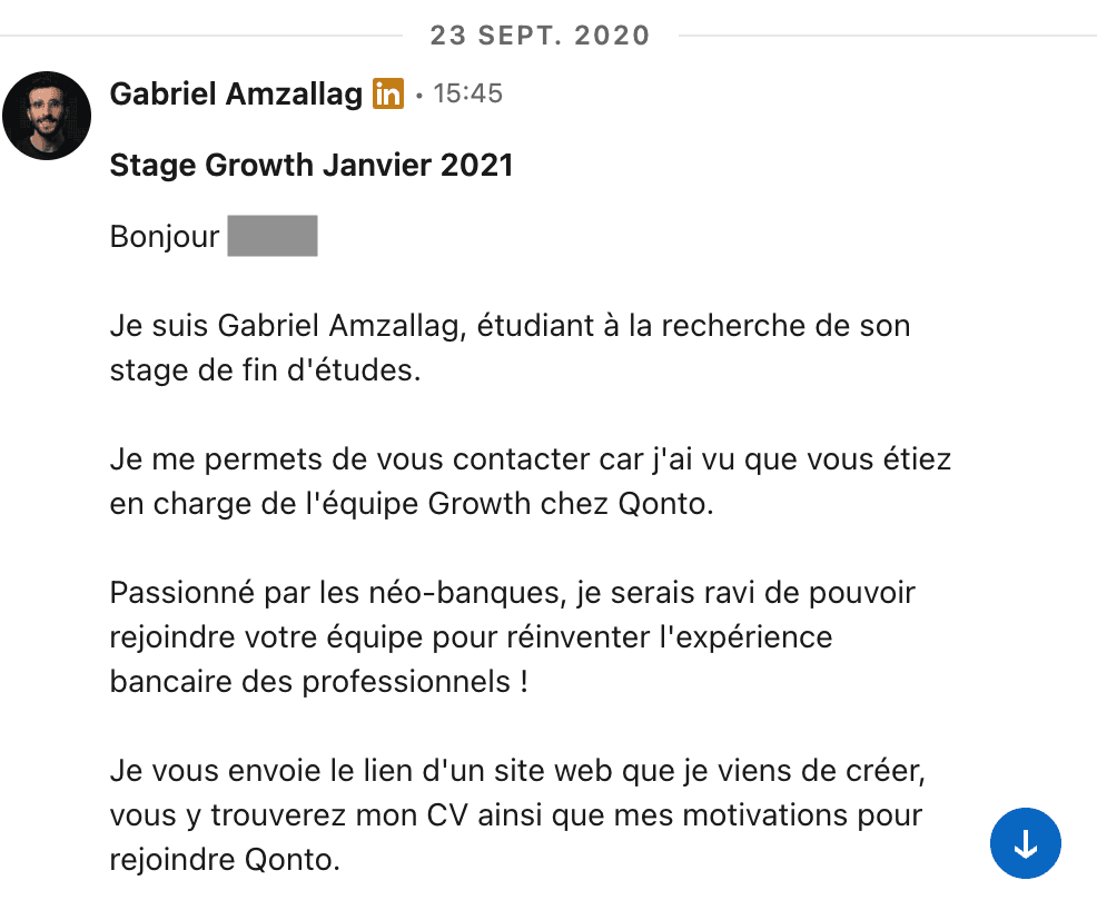 The original LinkedIn outreach message, with the landing page link buried near the end