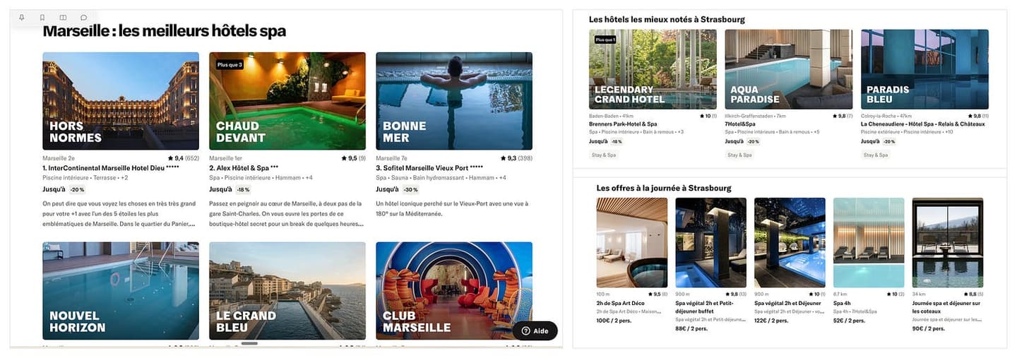 Staycation listing blocks: numbered Marseille spa hotel cards with neighborhood, rating, review count, amenities and discount; then "best rated hotels in Strasbourg" and "day offers in Strasbourg" rows with distance and price for two