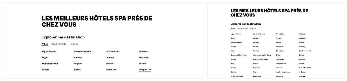 The hub page's "Explorer par destination" module with tabs for cities, departments and regions: collapsed to four rows with a "Voir plus" link on the left, expanded to the full list of cities on the right