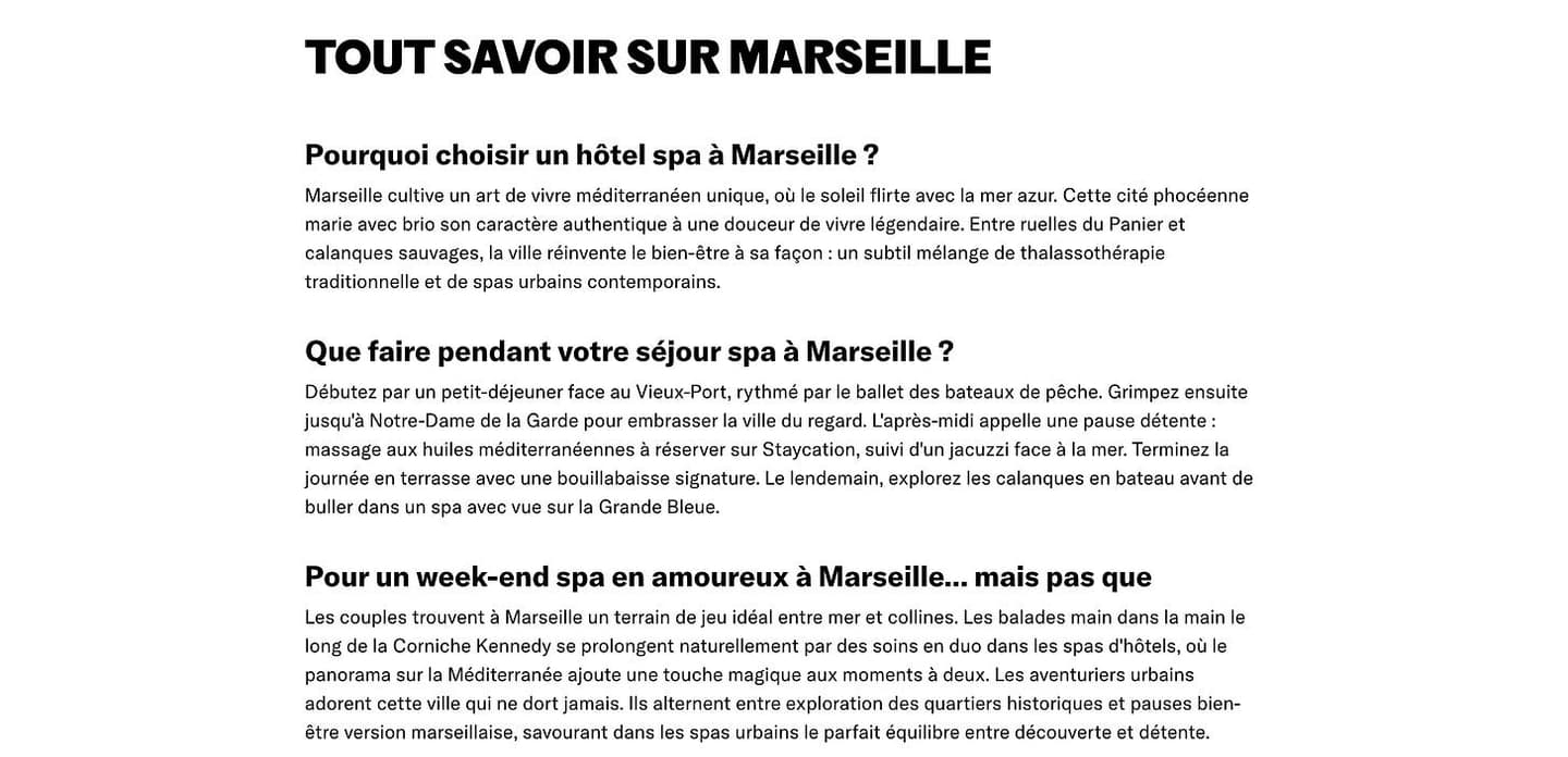 The Marseille editorial section "Tout savoir sur Marseille", with three titled blocks: why choose a spa hotel in Marseille, what to do during your spa stay, and a spa weekend for couples