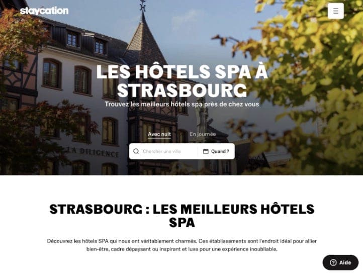 Staycation's old Strasbourg spa page: a full-width photo hero titled "Les hôtels spa à Strasbourg" with a search box, then a generic heading and one short paragraph