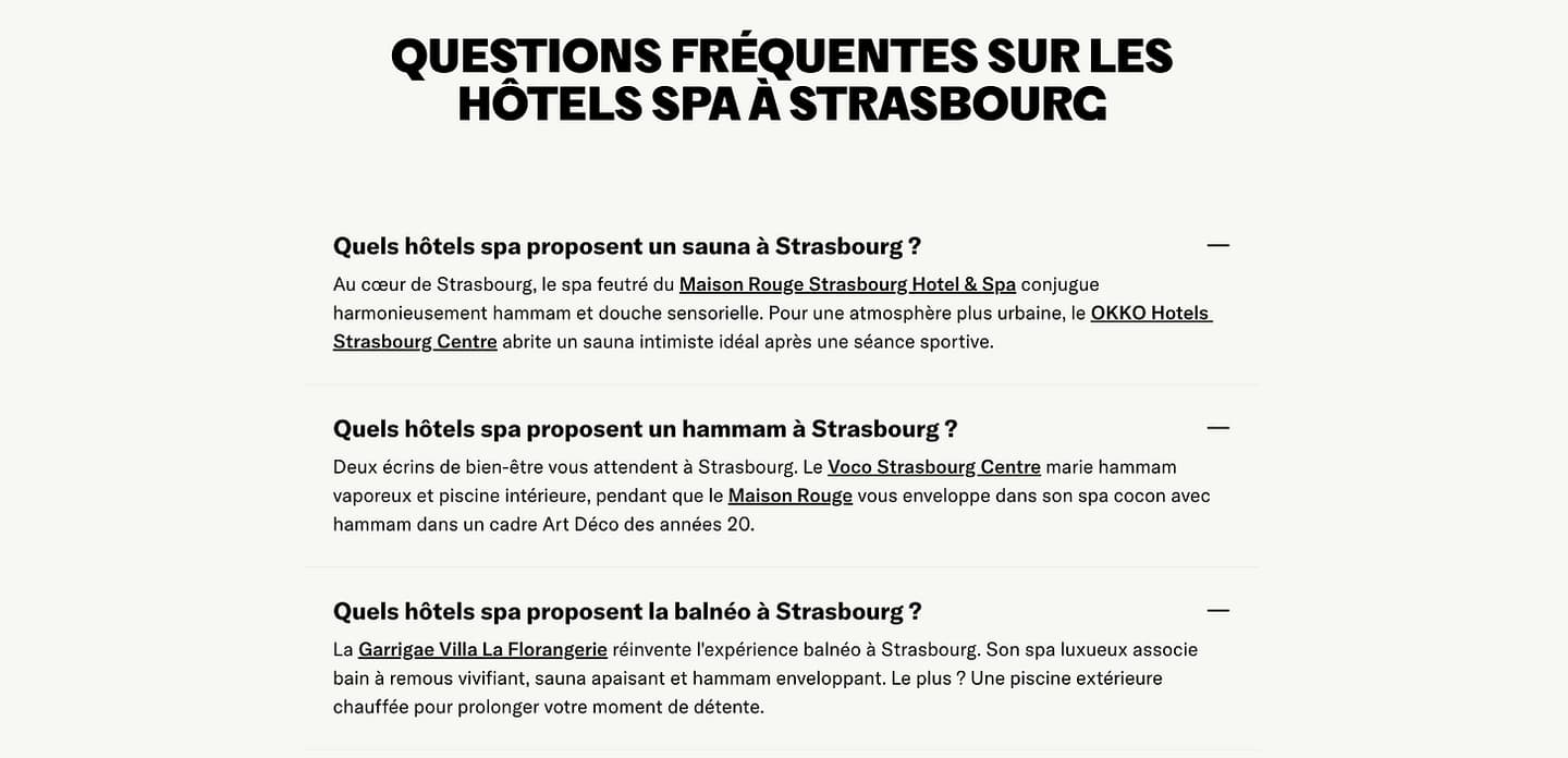 The Strasbourg FAQ: questions such as which spa hotels have a sauna, a hammam or a balneo in Strasbourg, each answered with named, linked hotels