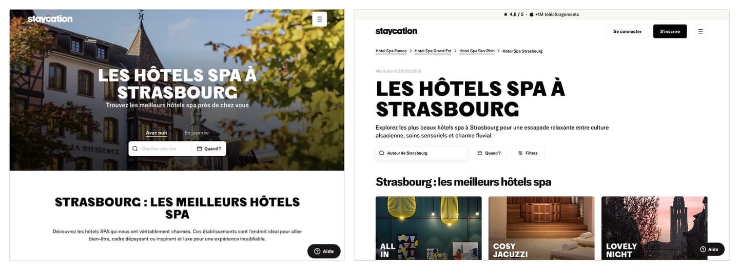 Before and after of the Strasbourg hero: the old version is a photo with a centered title and search box; the new one has a rating bar, a breadcrumb, an updated-on date, the title, one line of positioning, a search bar set to Strasbourg, and hotel cards right below
