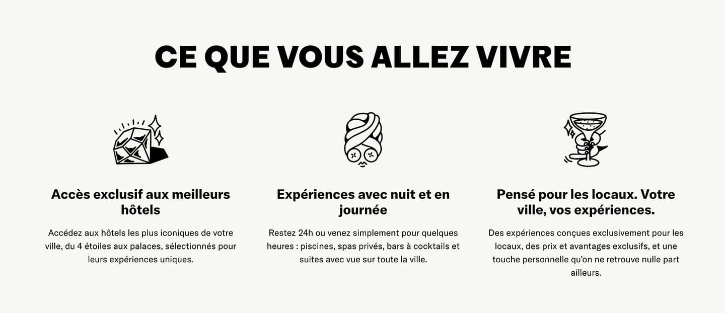 The "Ce que vous allez vivre" (what you will experience) block: three illustrated reasons to book with Staycation, exclusive access to the best hotels, stays with or without a night, and experiences designed for locals