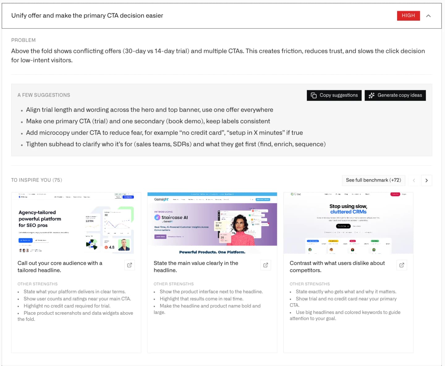 Benchmark comparison showing landing page suggestions with best-in-class examples from 650+ companies