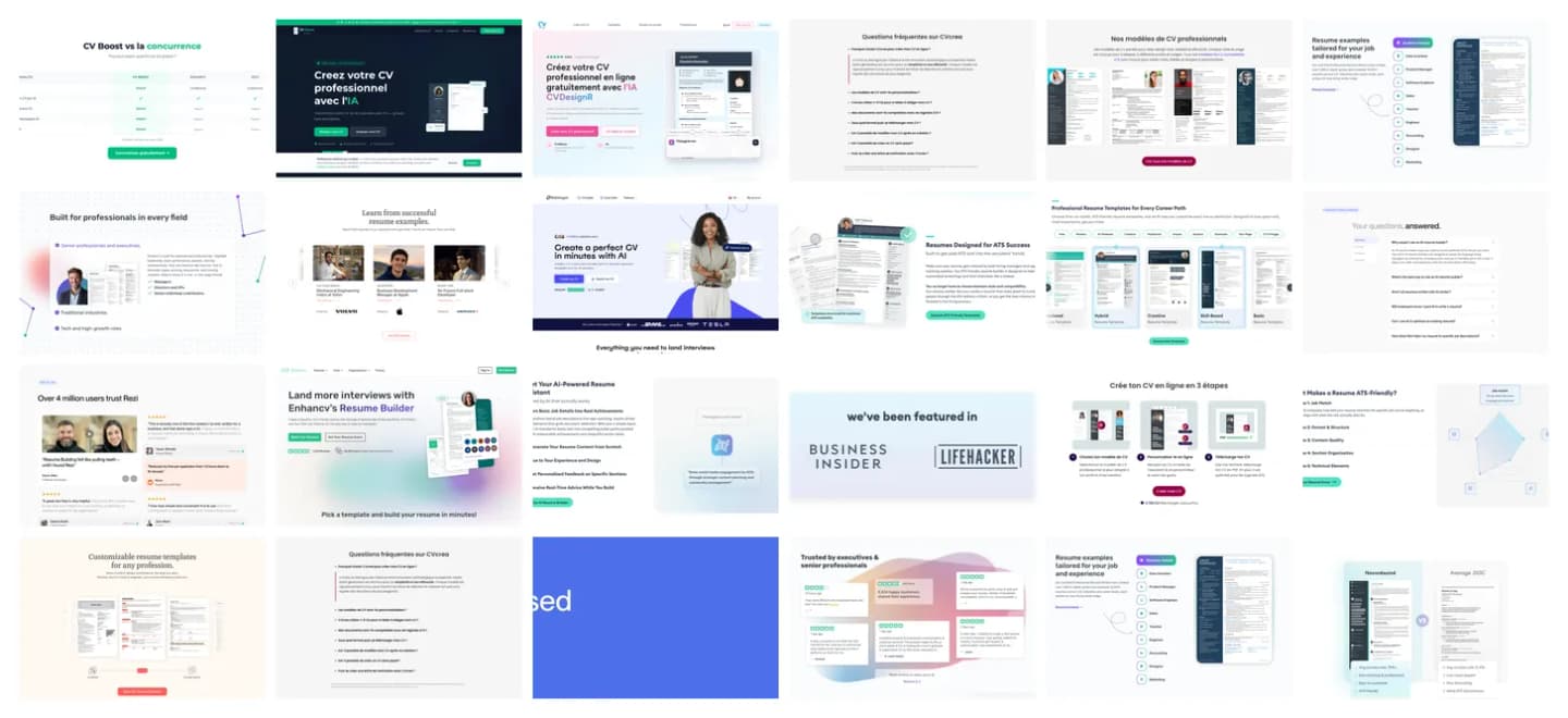The capture folder: two dozen competitor sections at full size, a sample of the fifty or more that come with a run.