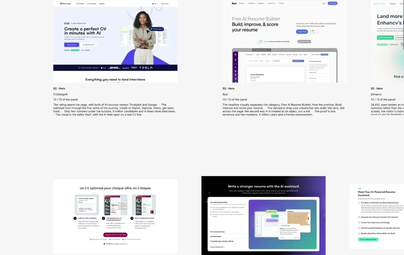The Figma file: competitor hero sections side by side, each capture annotated with what makes it work.