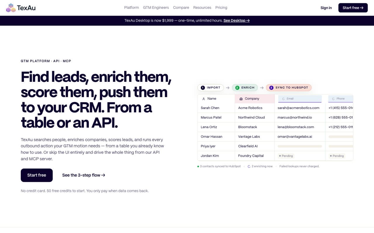 TexAu homepage hero reading "Find leads, enrich them, score them, push them to your CRM. From a table or an API."
