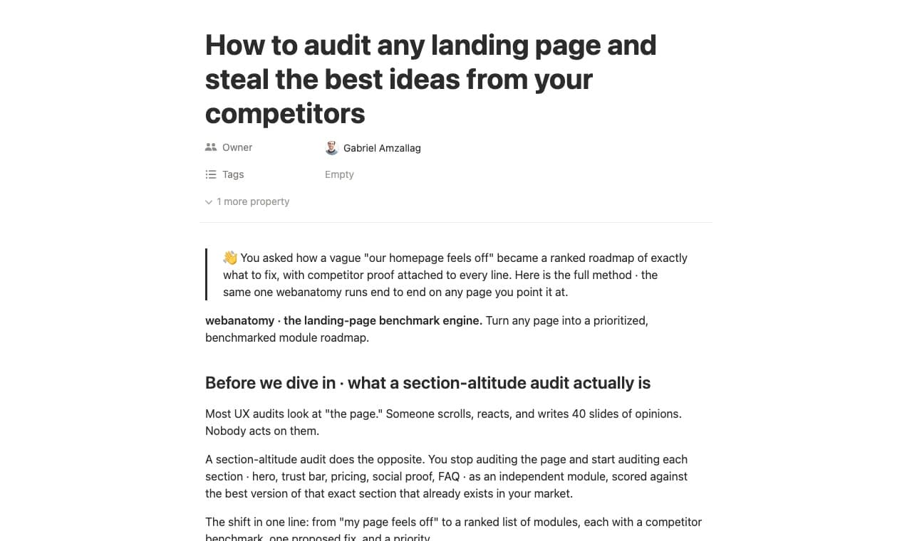 Preview of the How to audit any landing page Notion guide