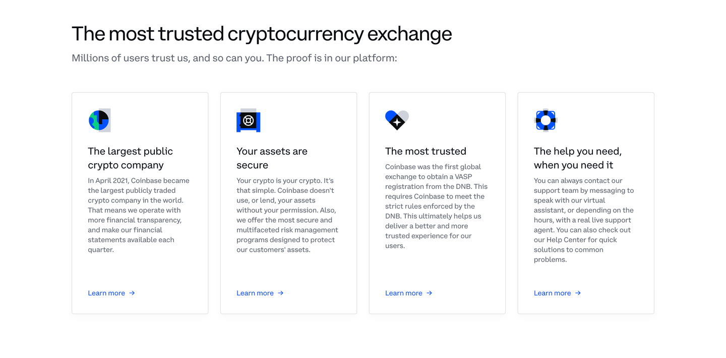 Coinbase value proposition section