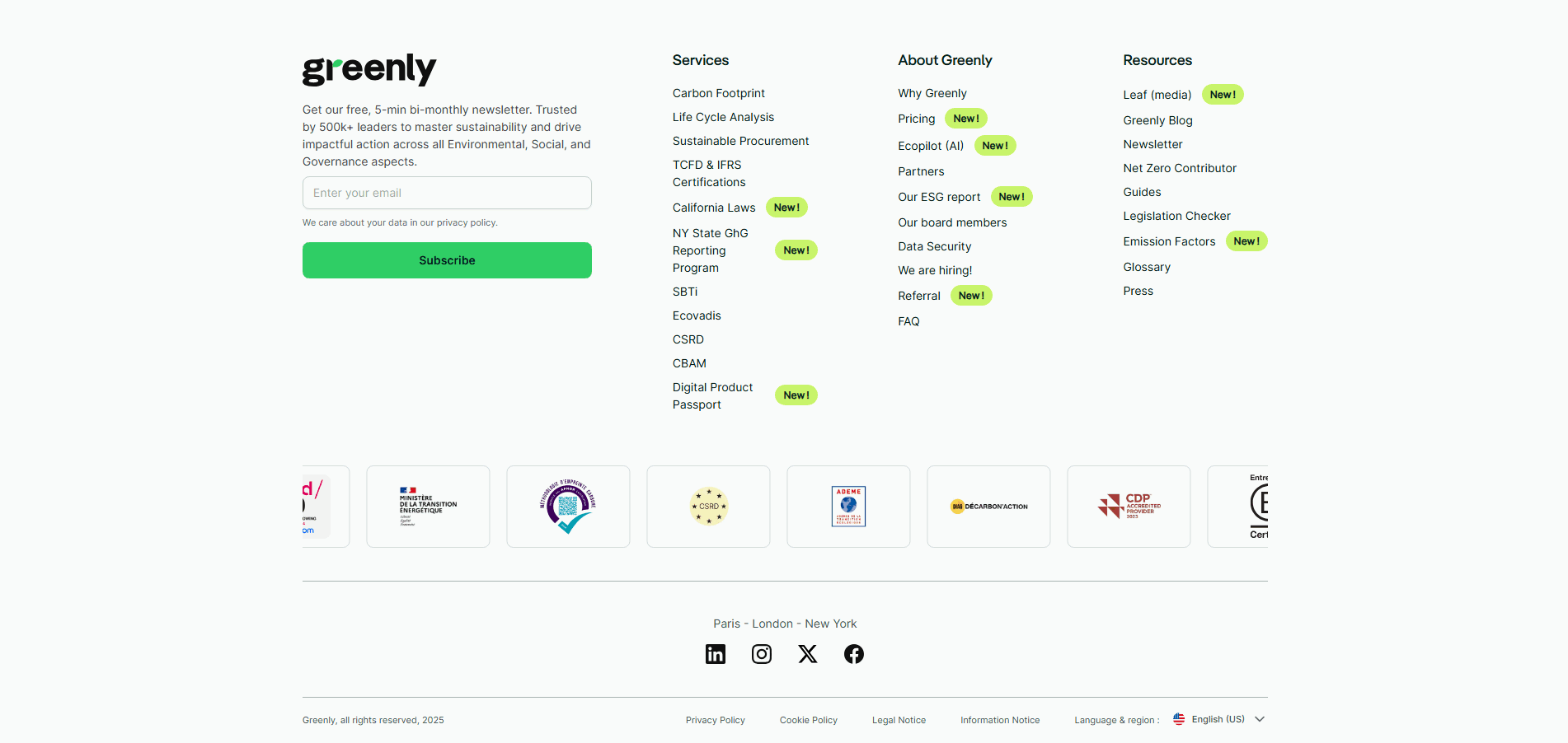 Footer section example from Greenly