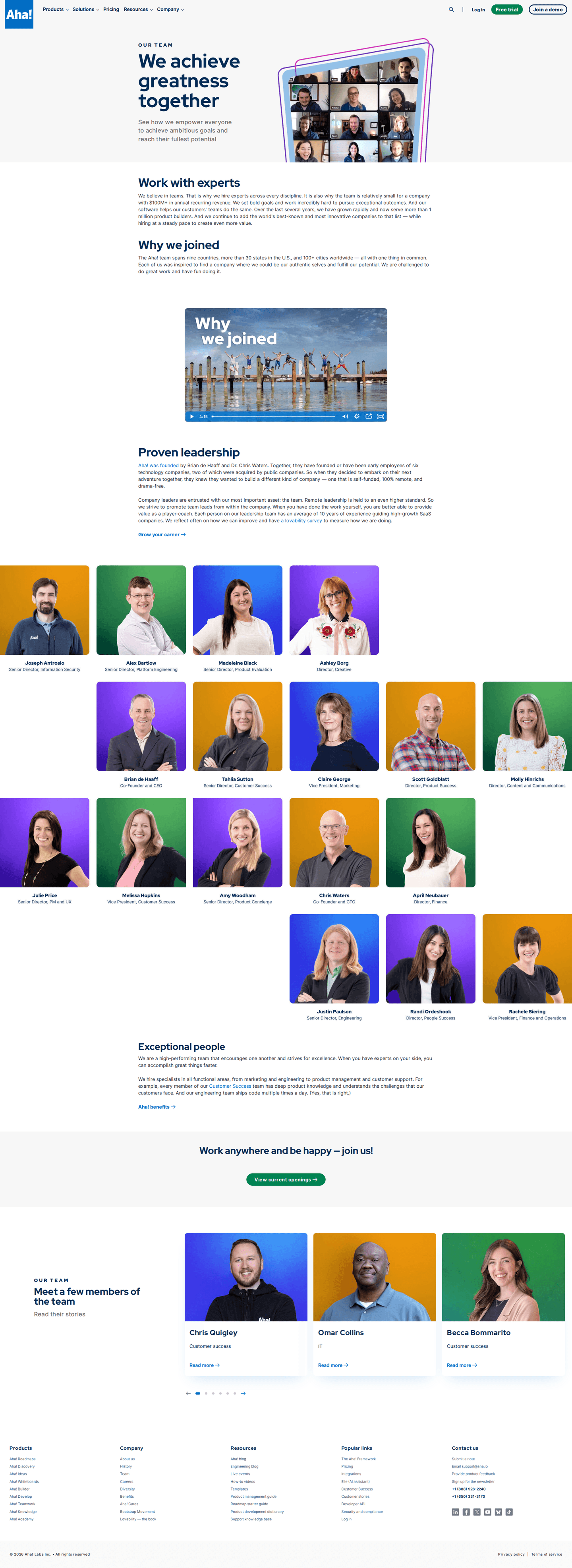 Aha! team page