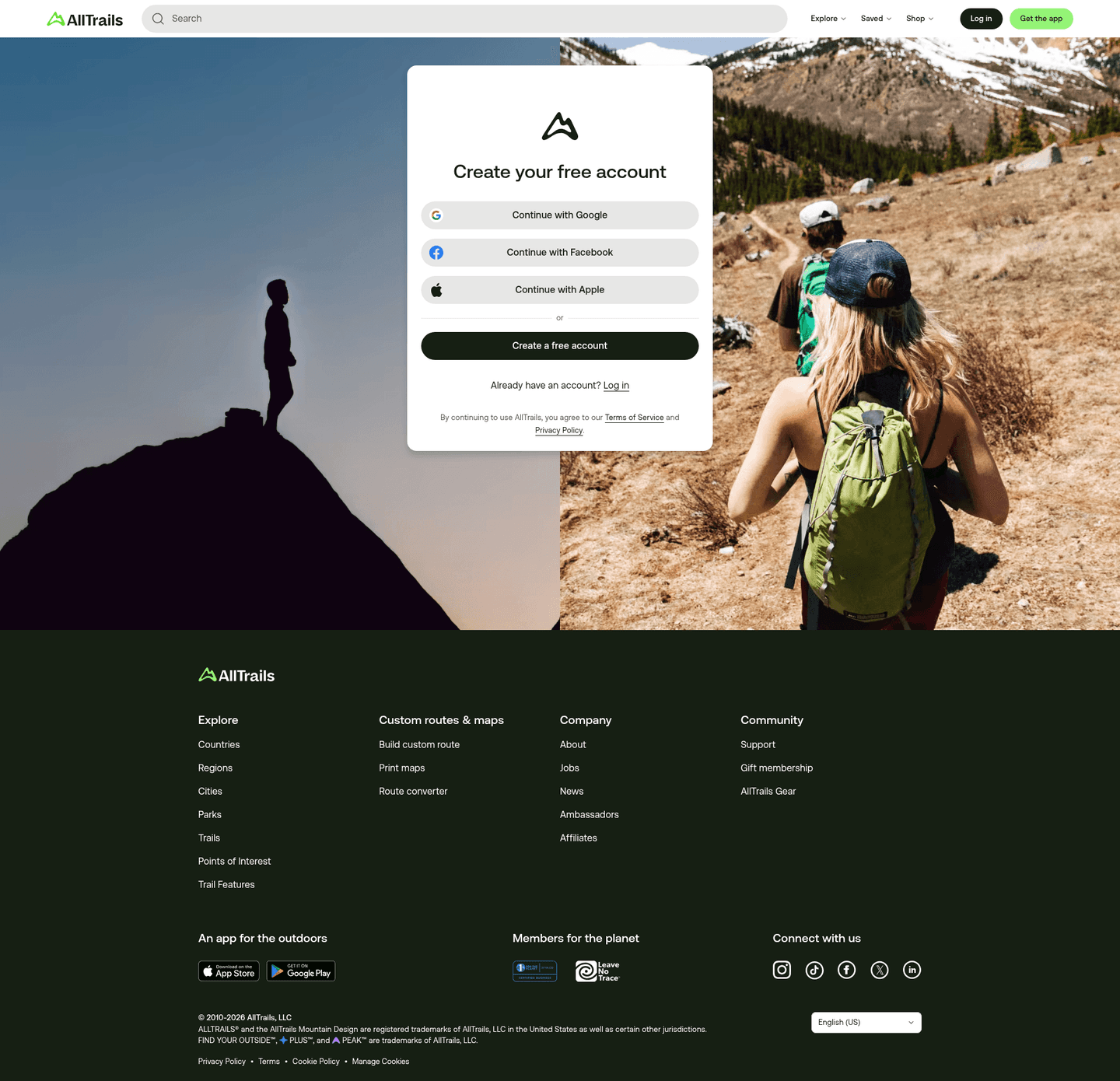 AllTrails homepage
