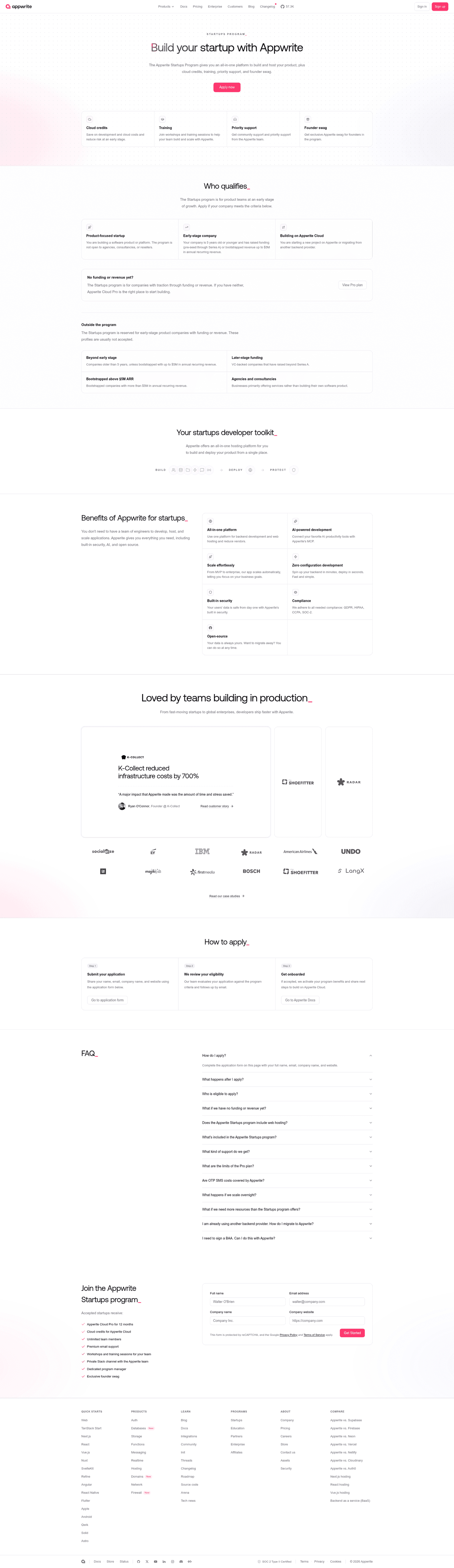 Appwrite startup program page