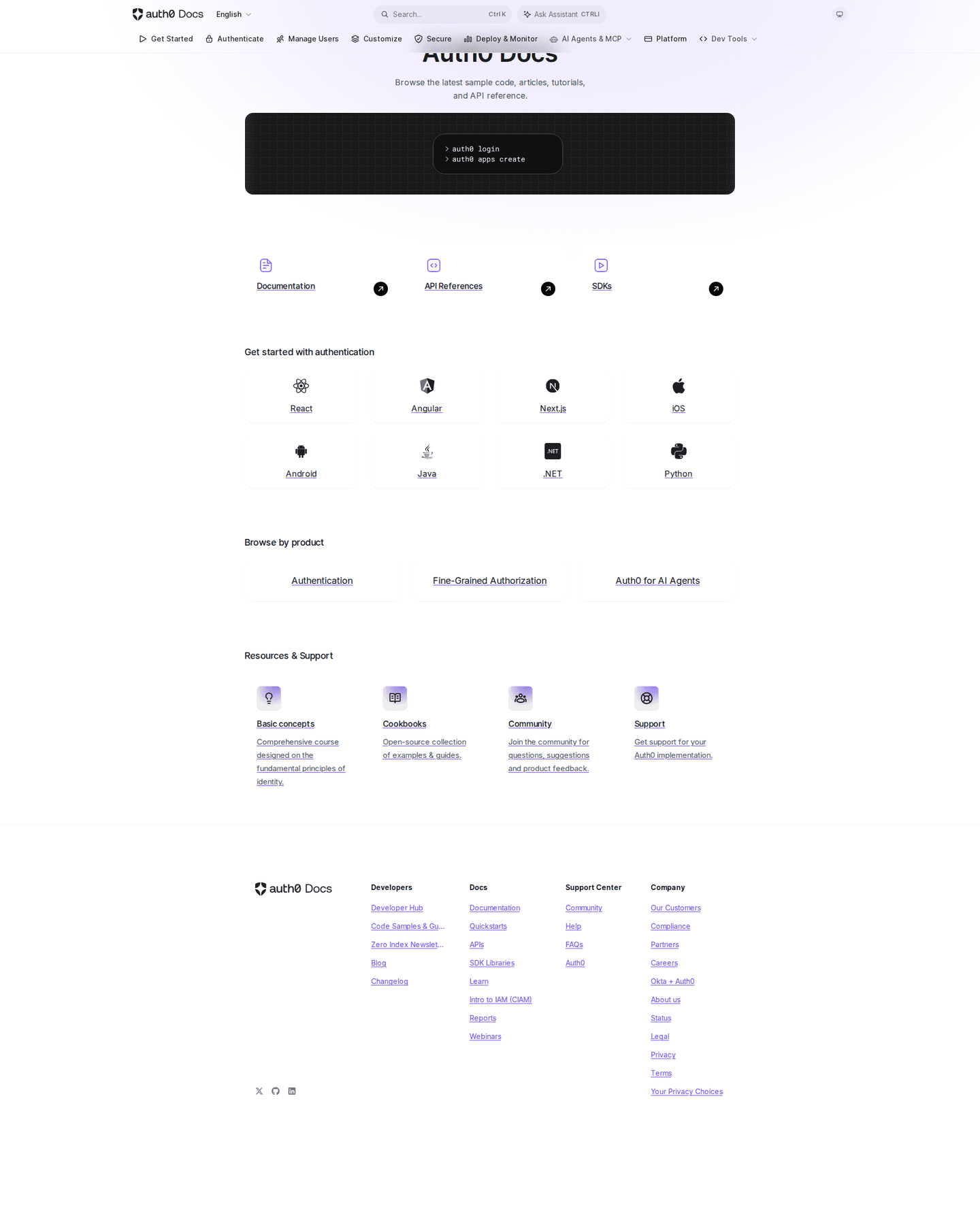 Auth0 developer page