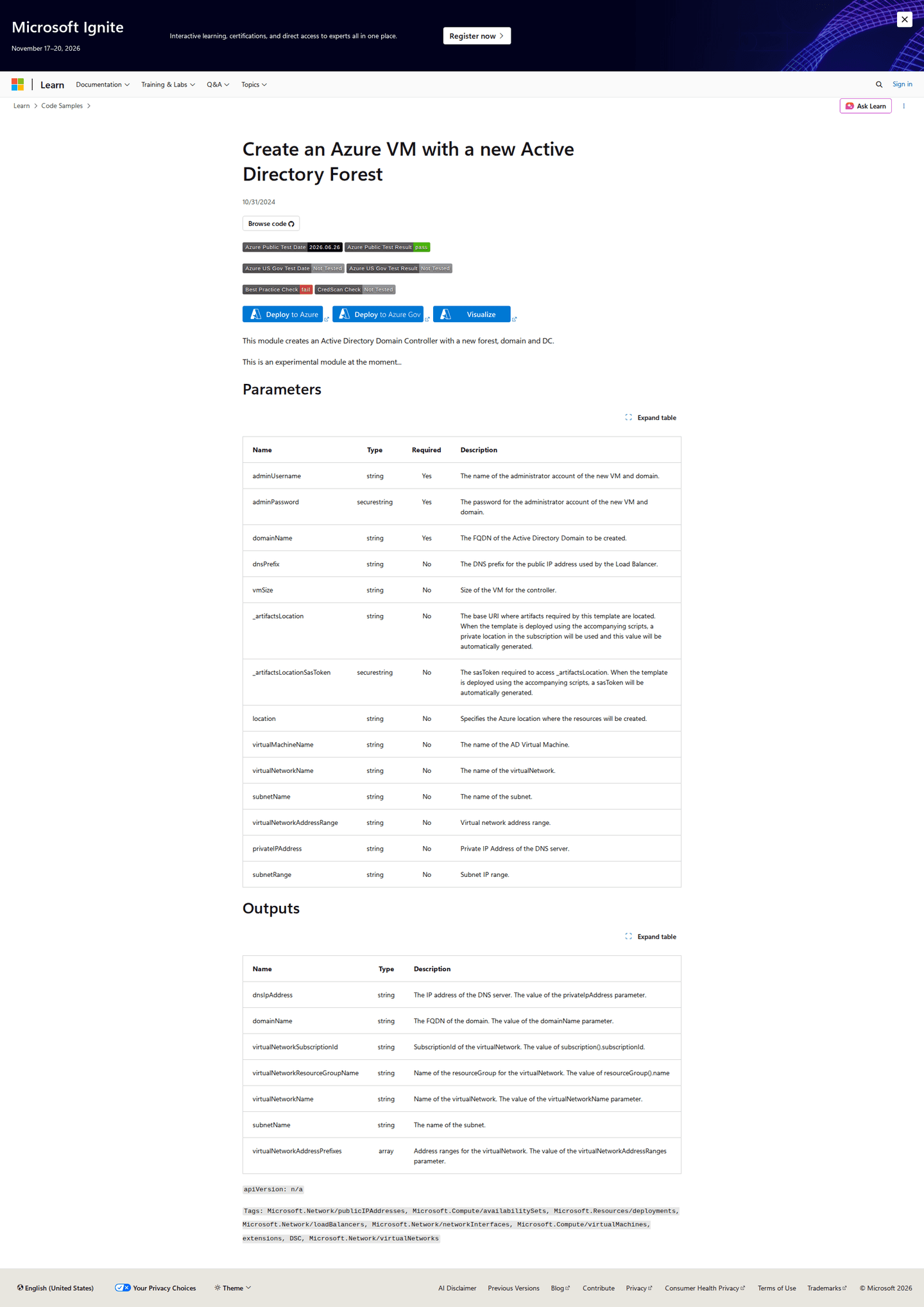 Microsoft Azure template page