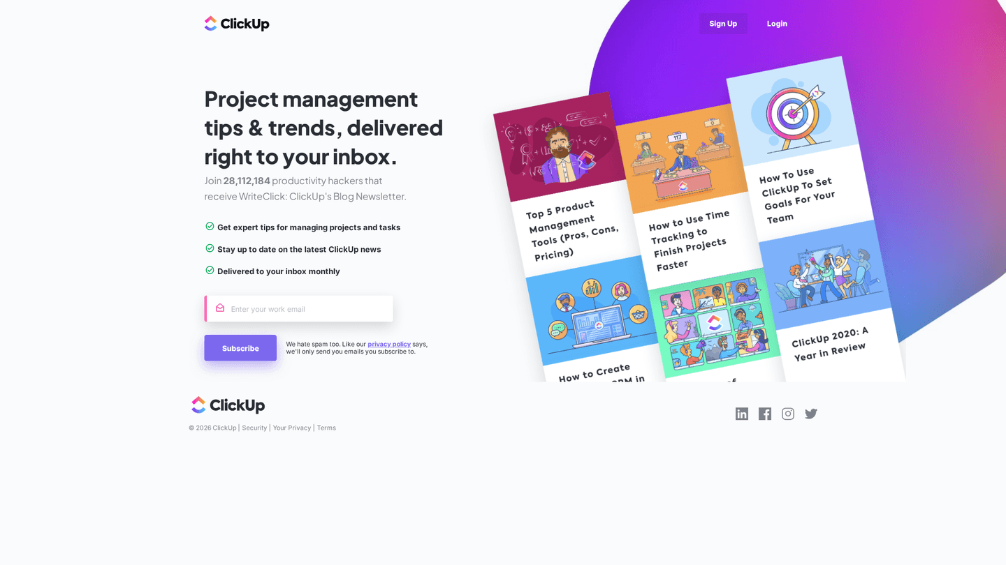 ClickUp newsletter page