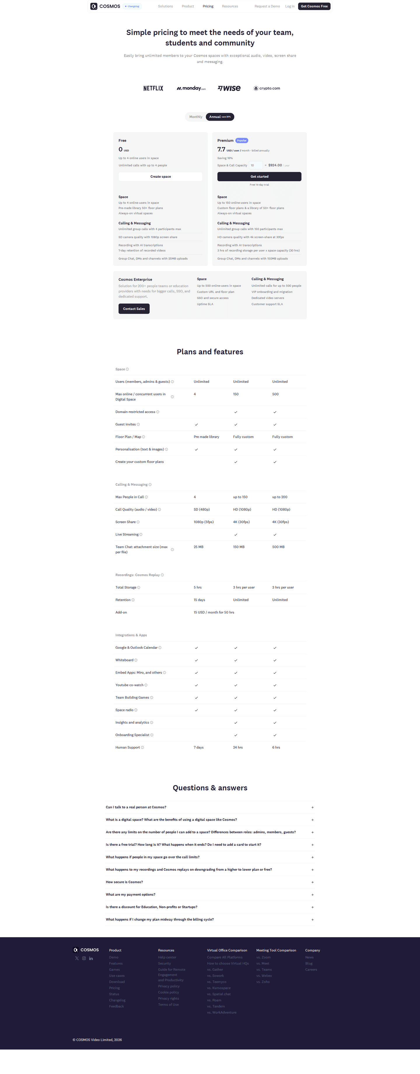 Cosmos pricing page