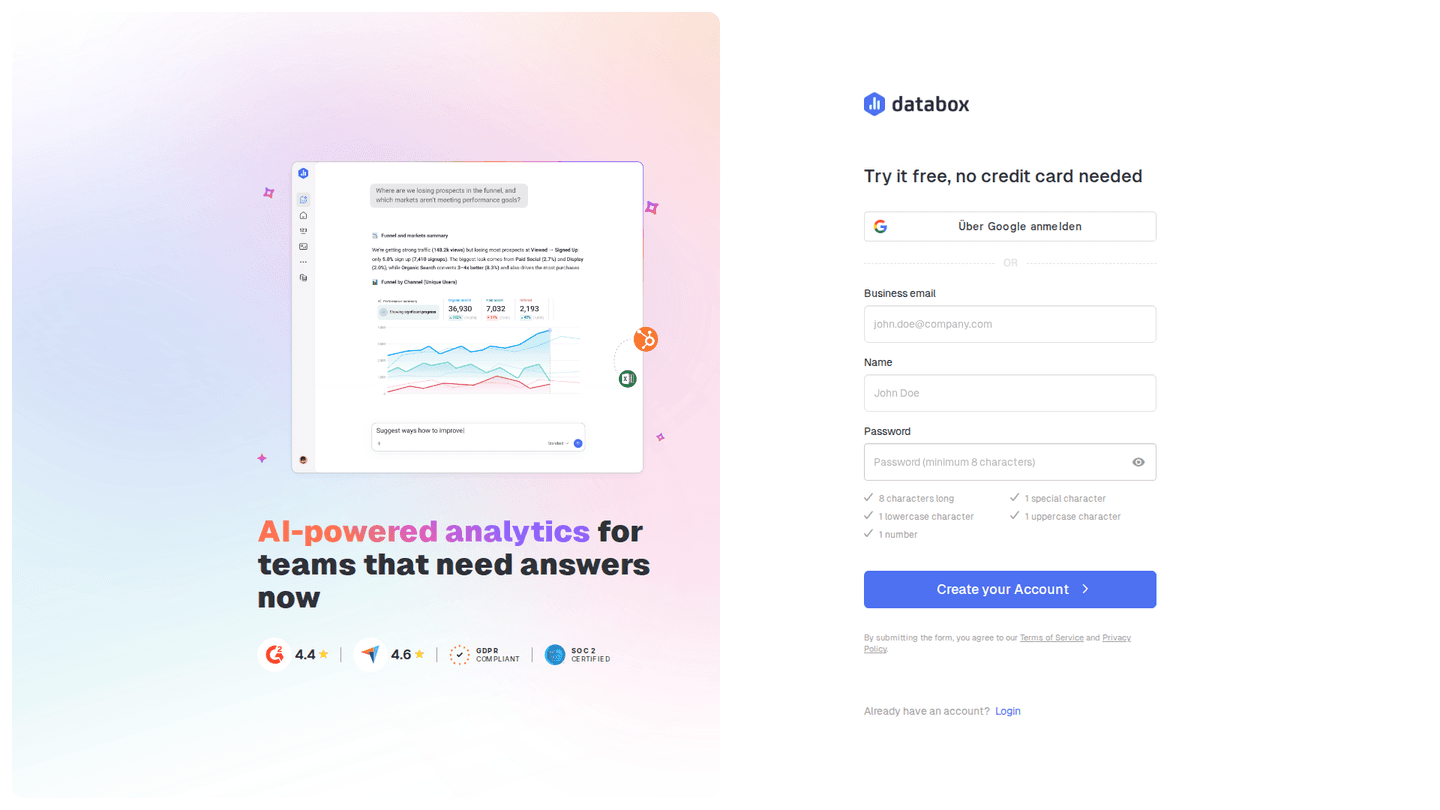 Artifacts by Databox signup page
