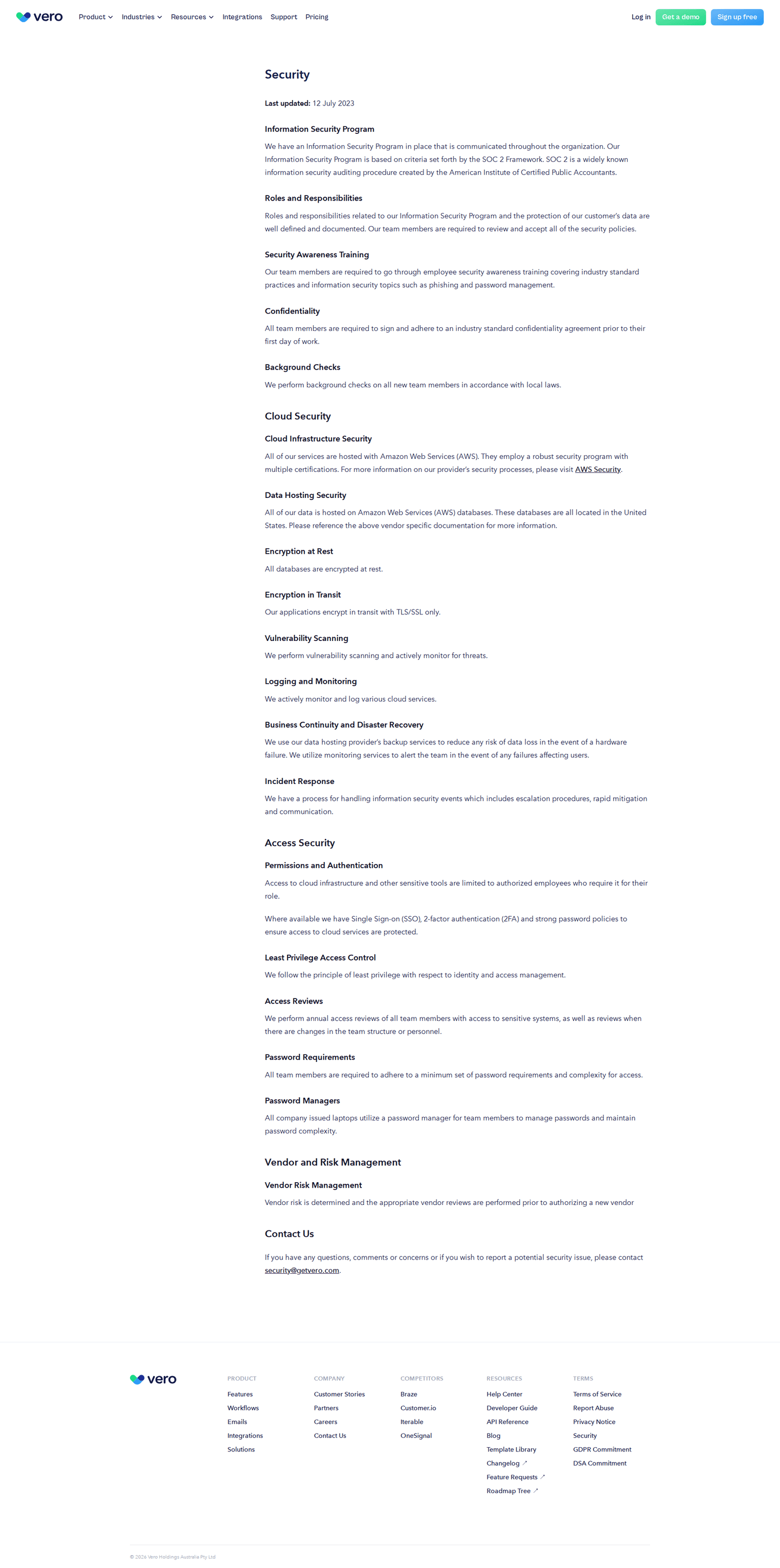 Vero security page
