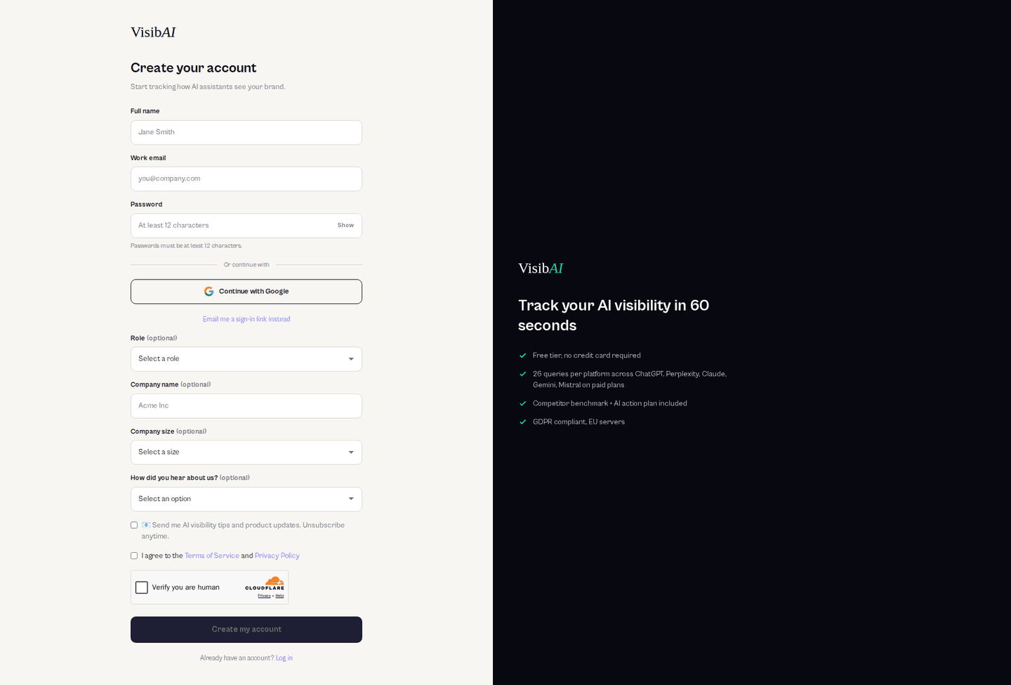 VisibAI signup page