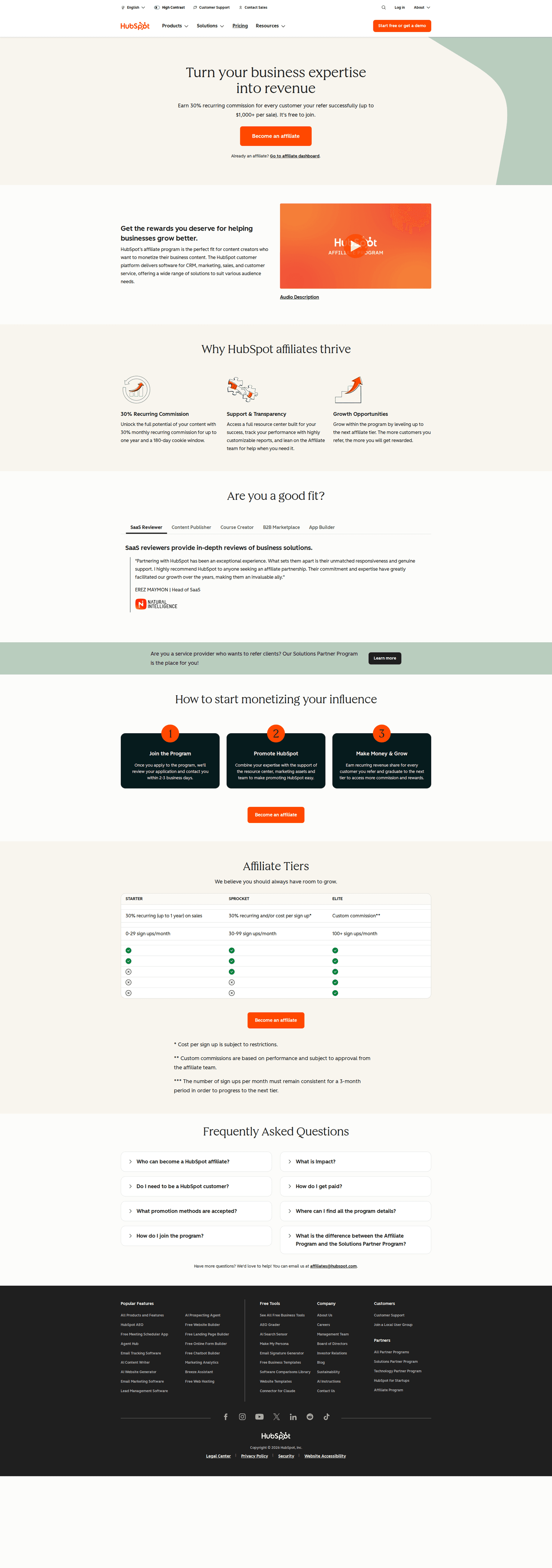 HubSpot affiliate program page
