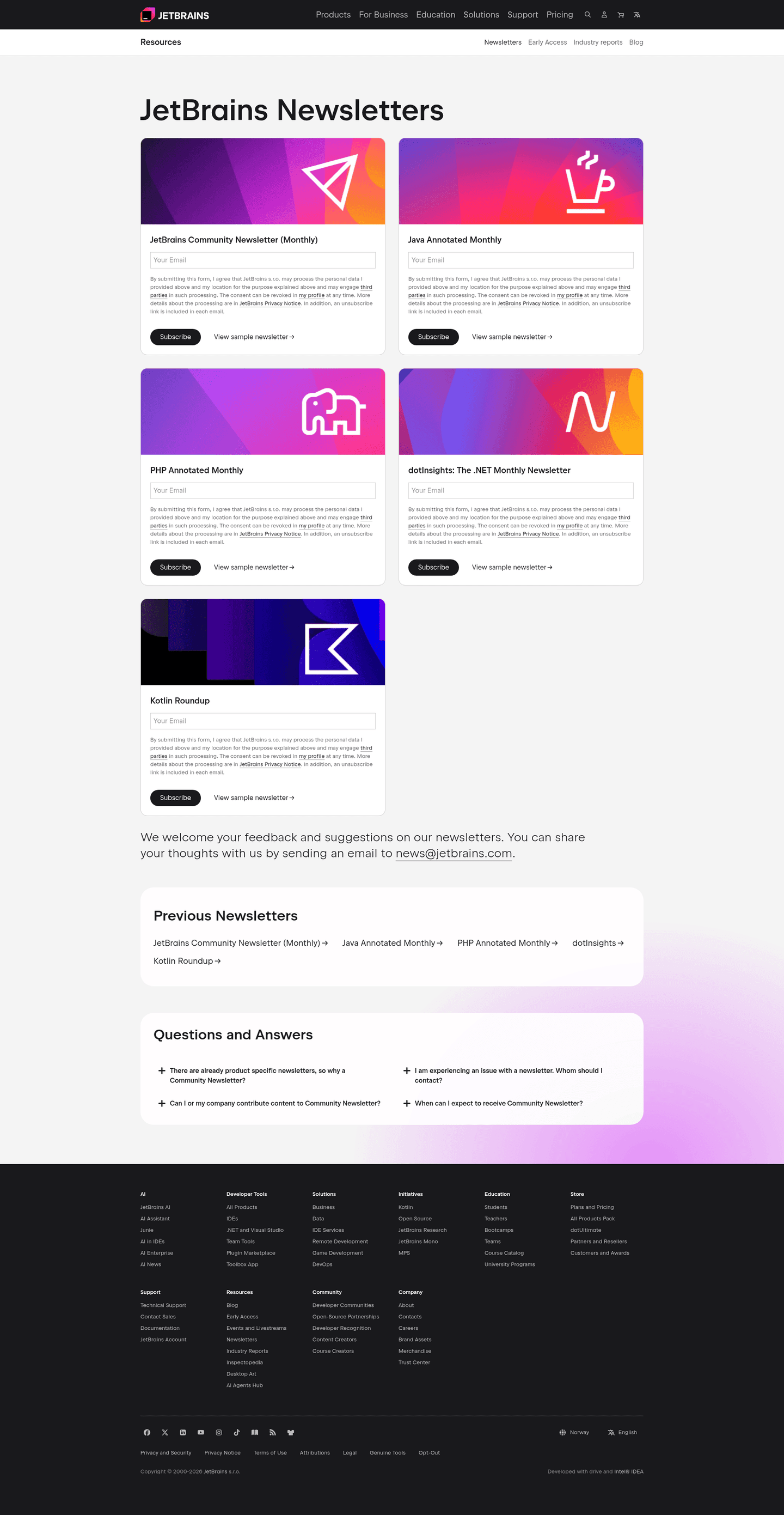 JetBrains newsletter page