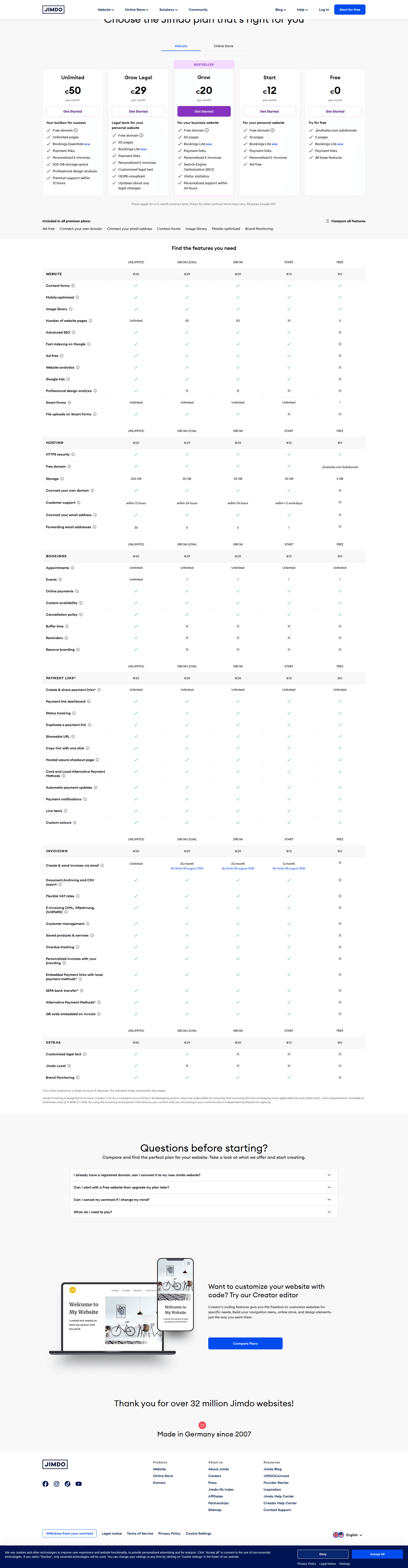 Jimdo pricing page