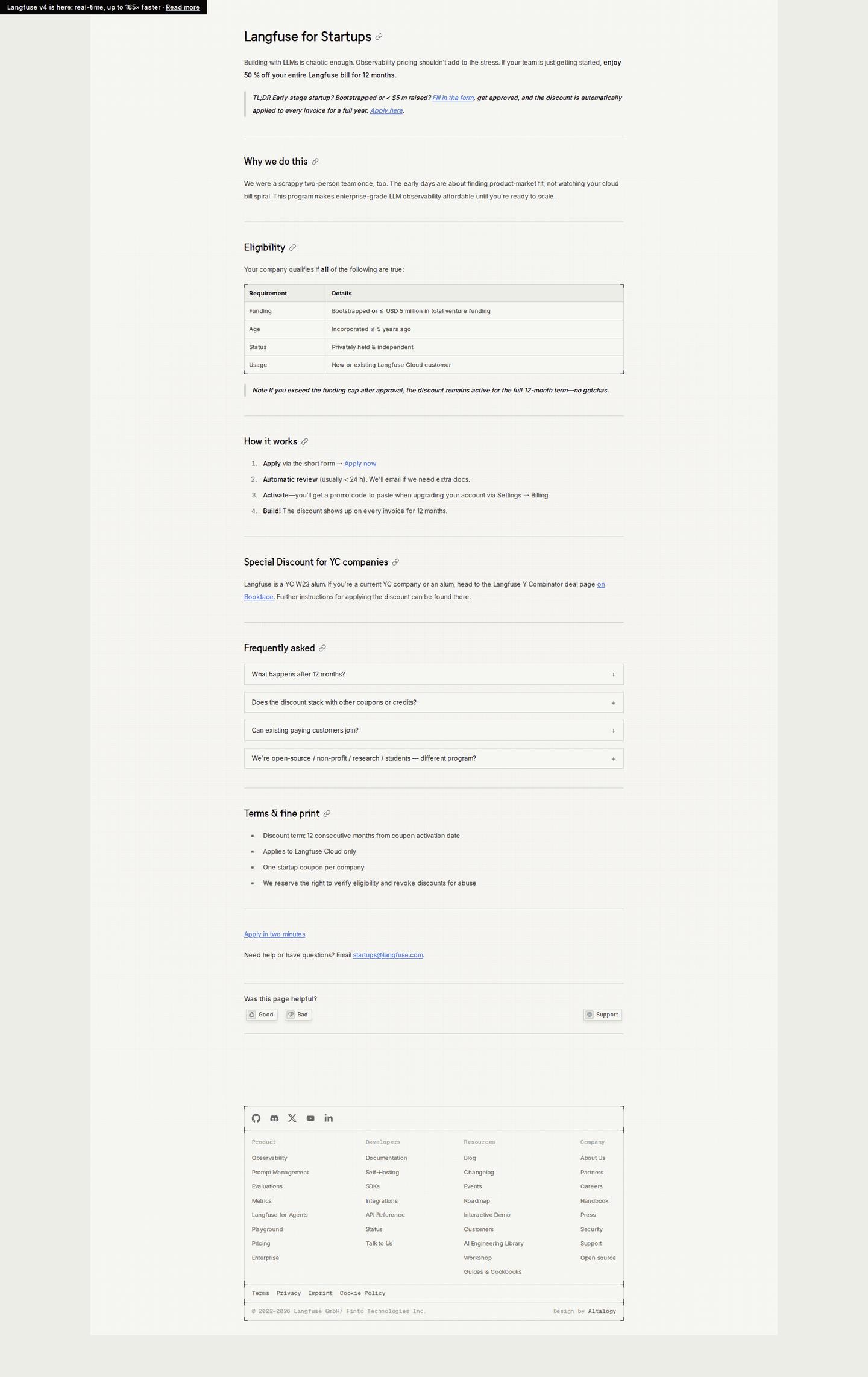 Langfuse startup program page
