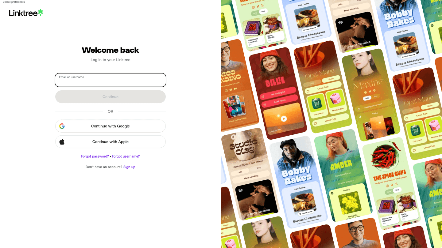 Linktree login page