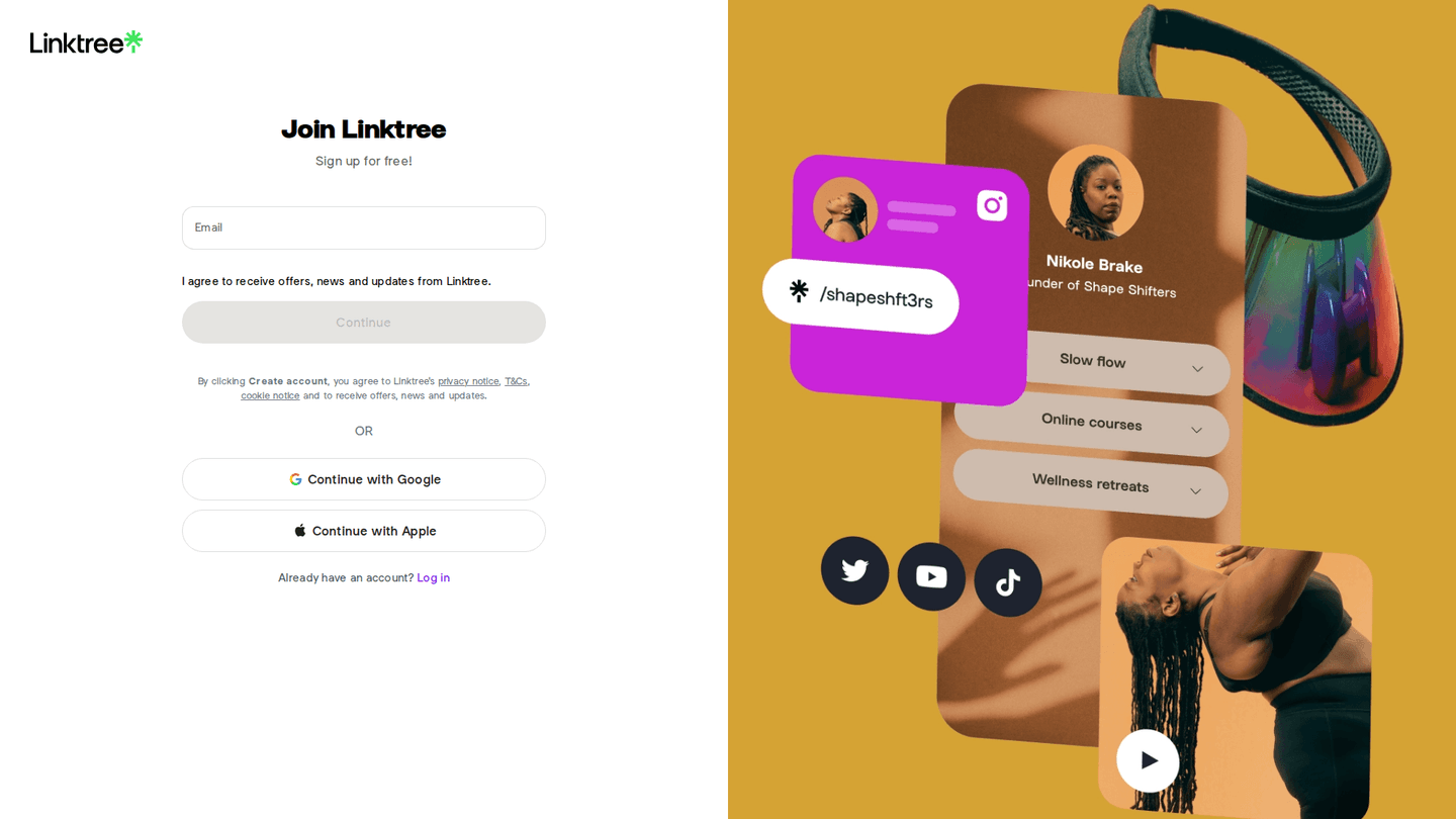Linktree signup page