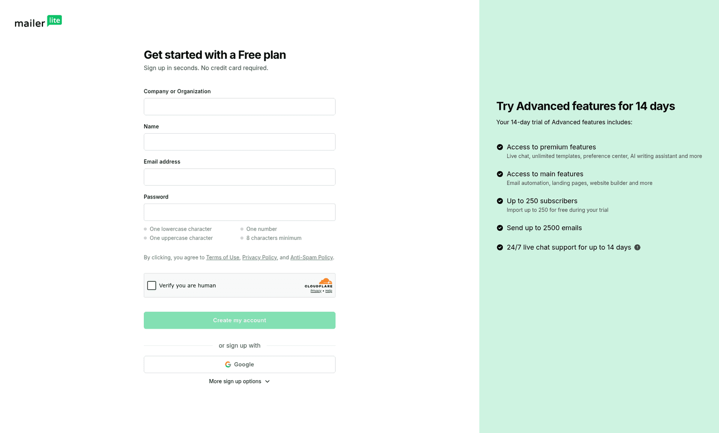 MailerLite signup page