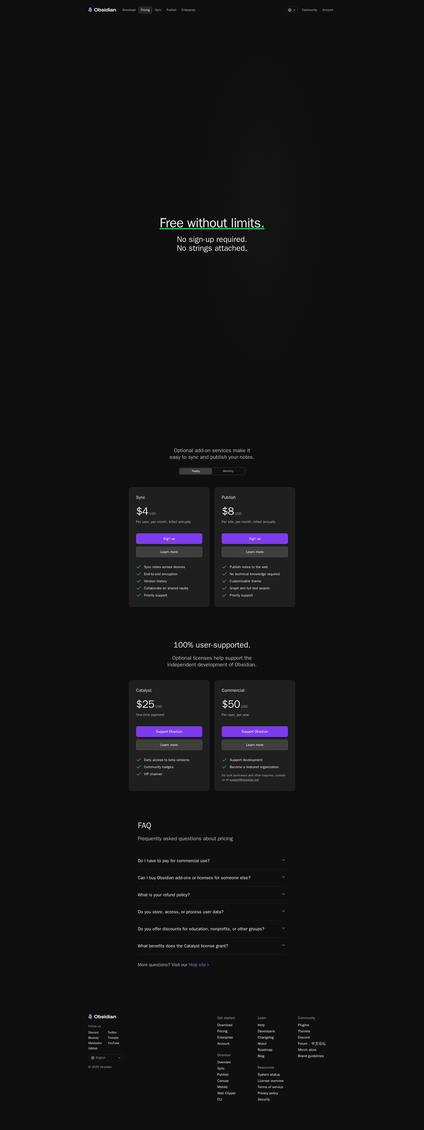 Obsidian pricing page