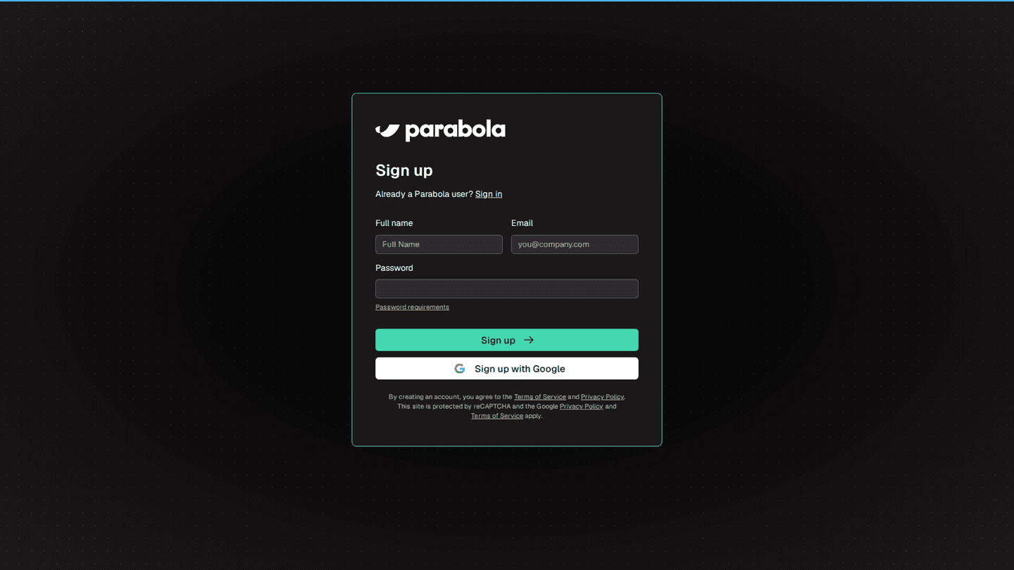 Parabola signup page