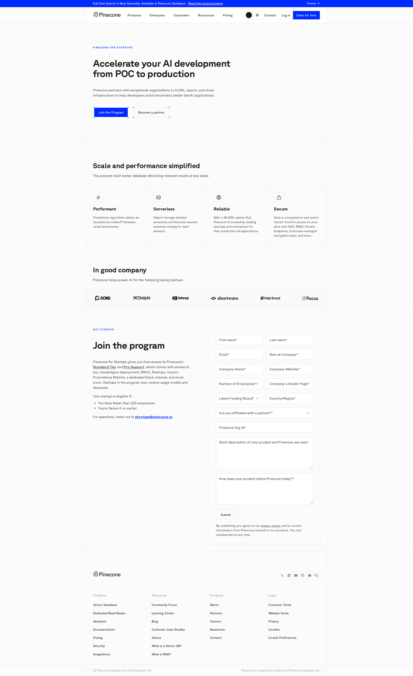 Pinecone startup program page