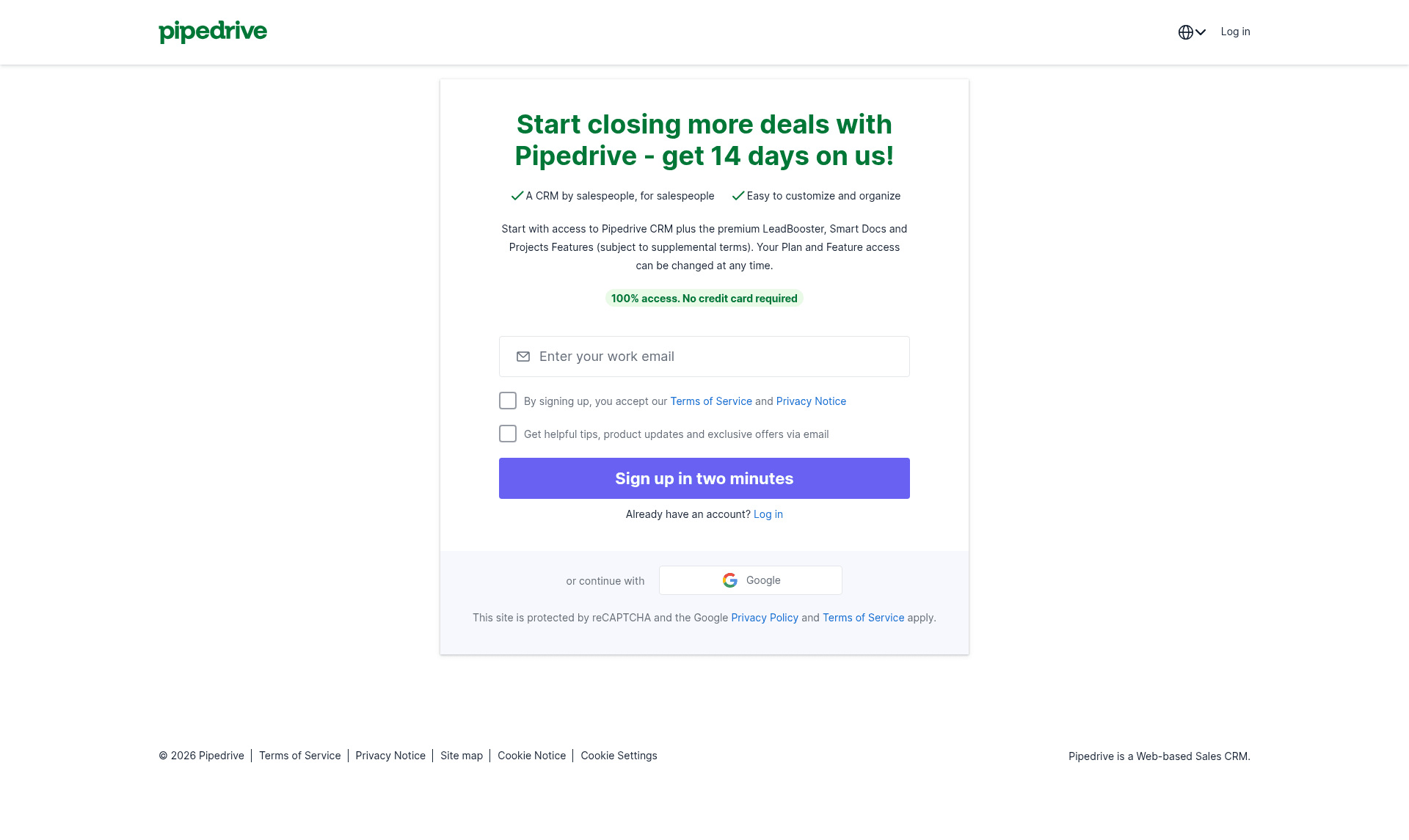 Pipedrive signup page
