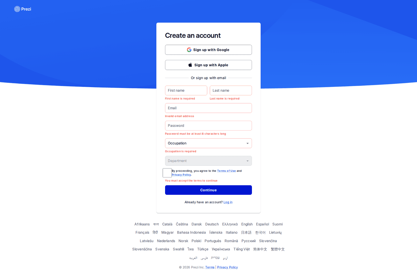 Prezi signup page