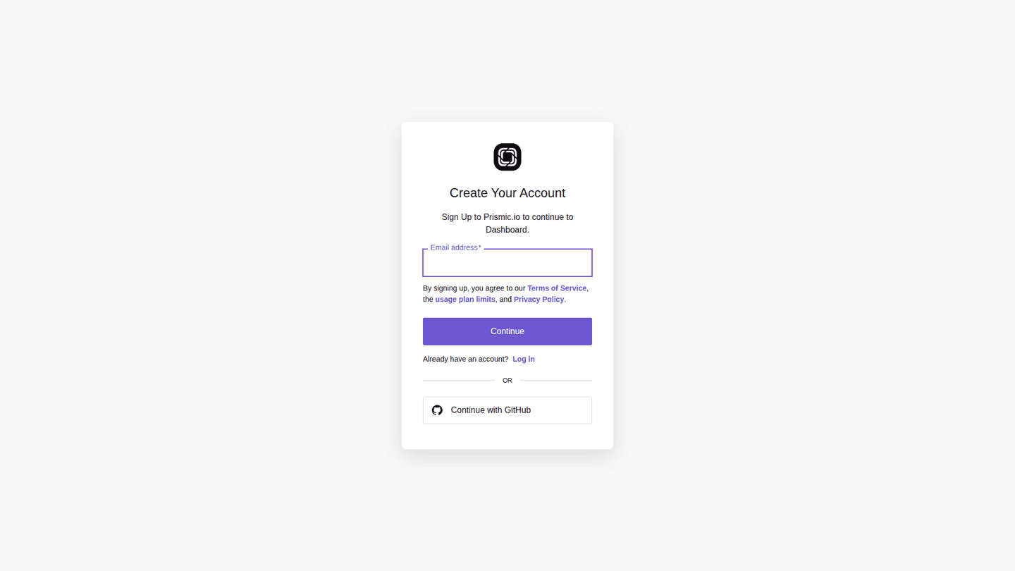 Prismic signup page