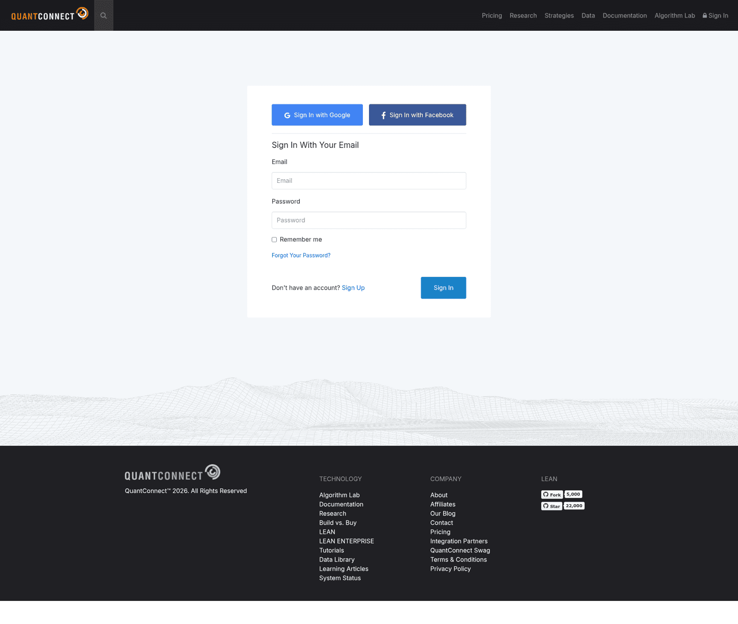 QuantConnect login page