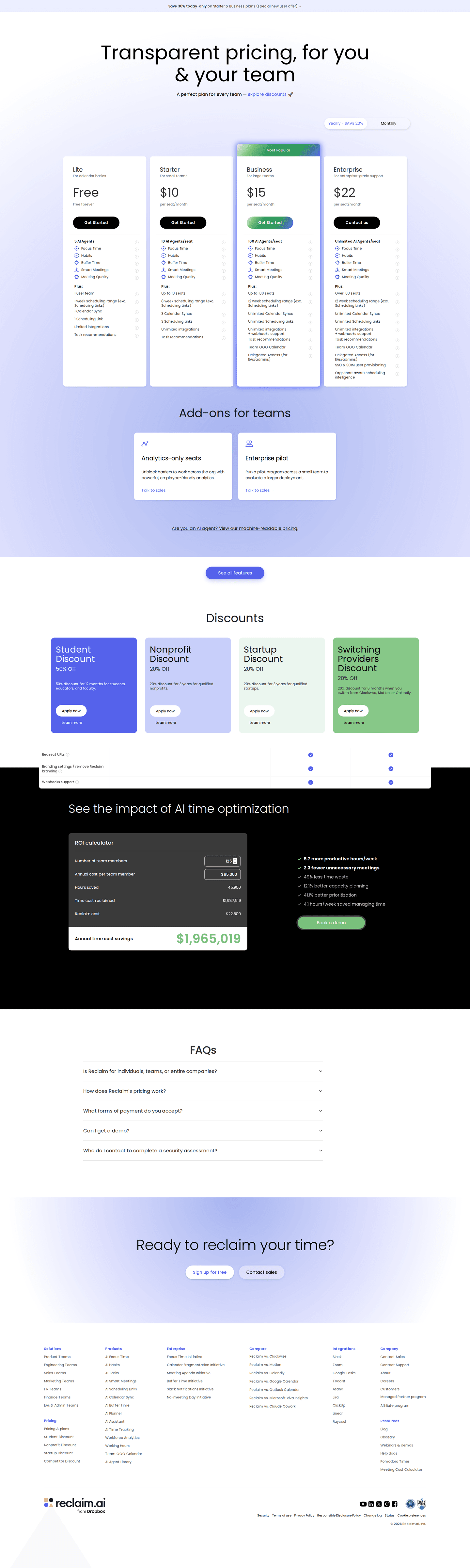 Reclaim pricing page