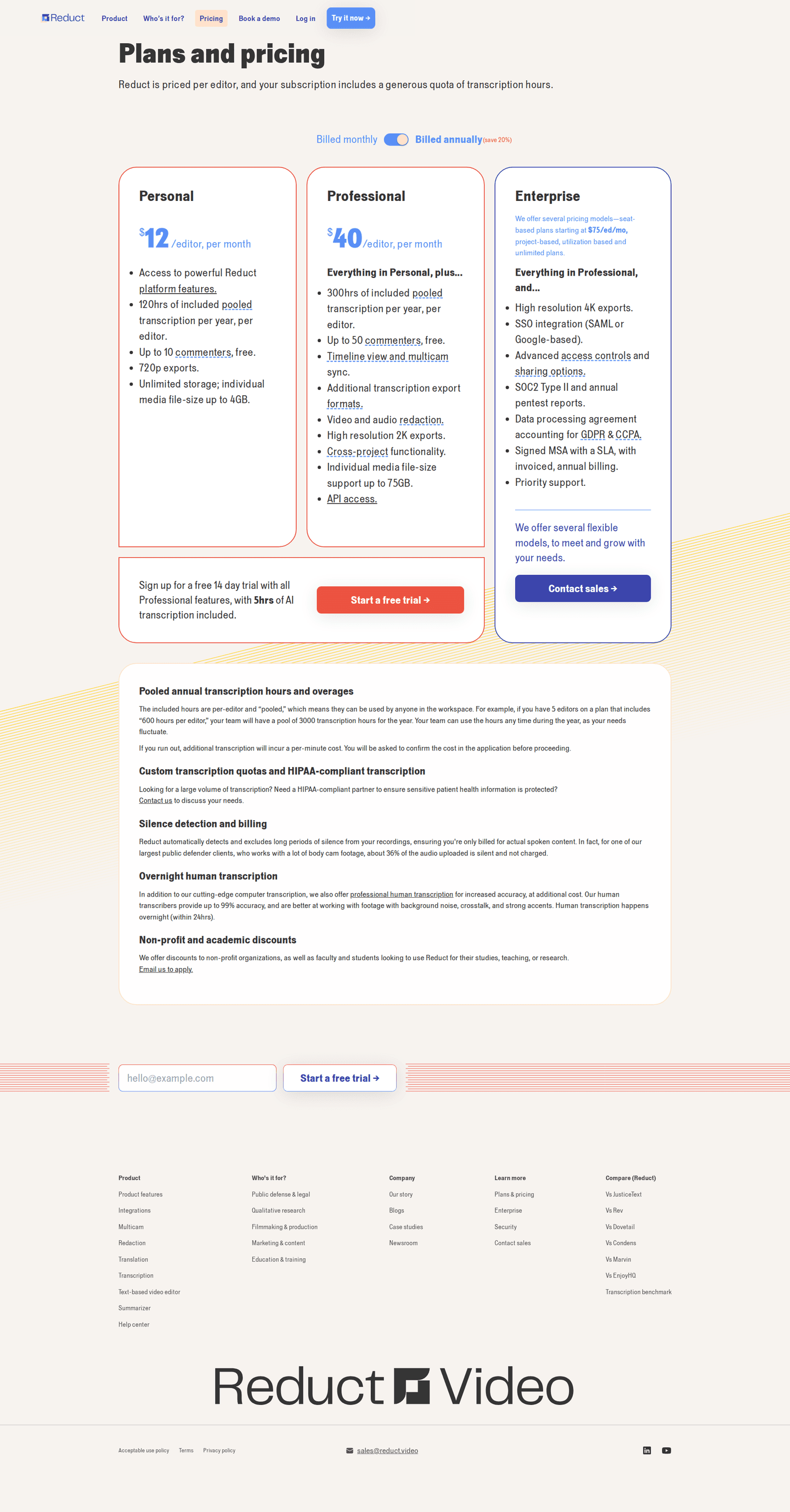 Reduct pricing page