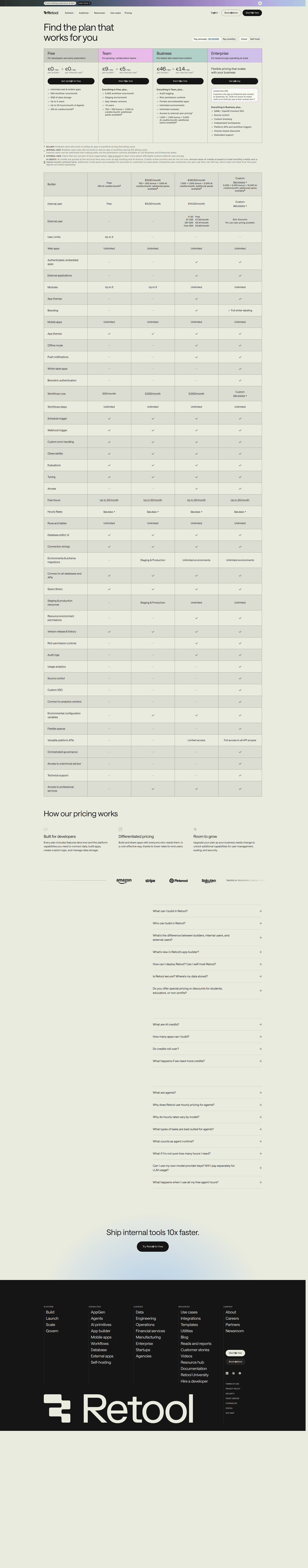 Retool pricing page