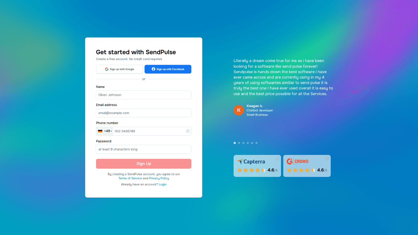 SendPulse signup page