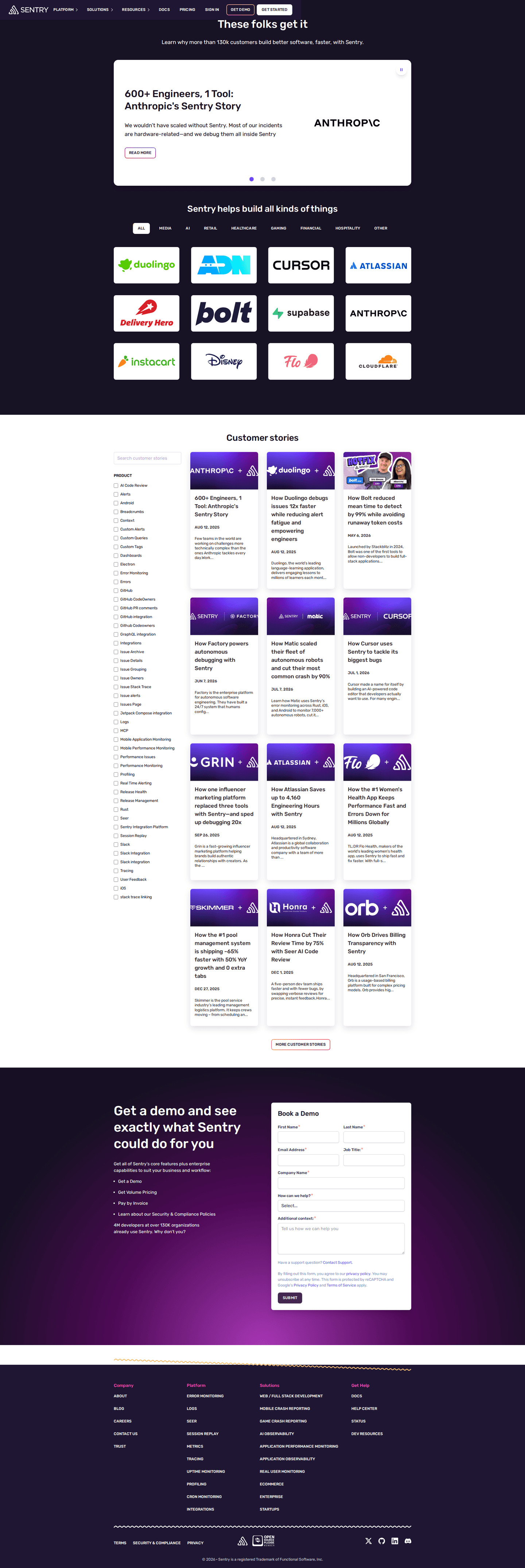 Sentry homepage