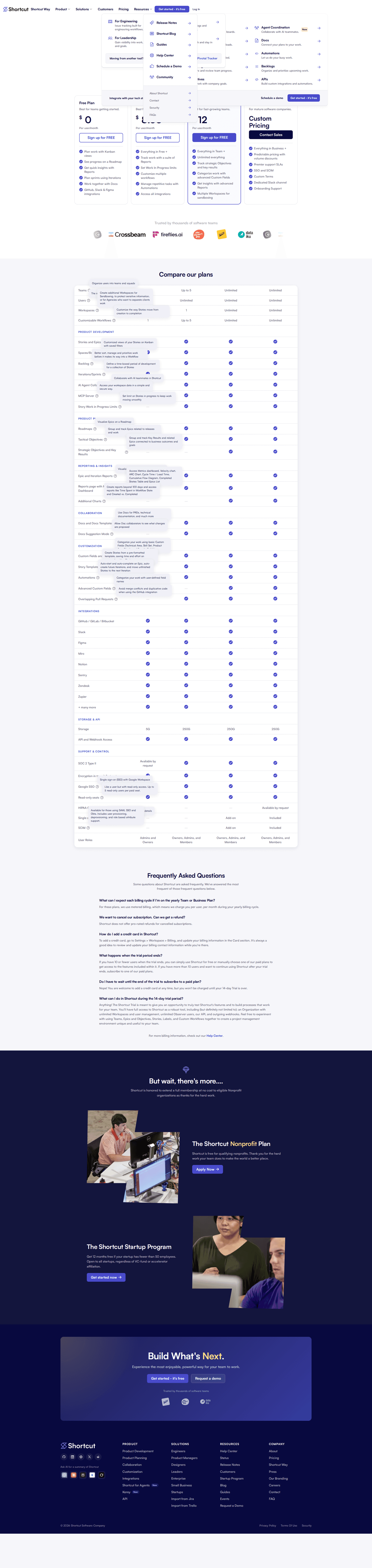 Shortcut pricing page